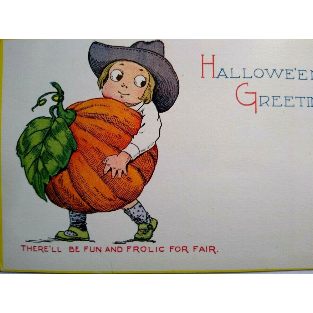 Vintage Halloween Postcard Gibson Farmer Boy & Pumpkin Original Unused Antique